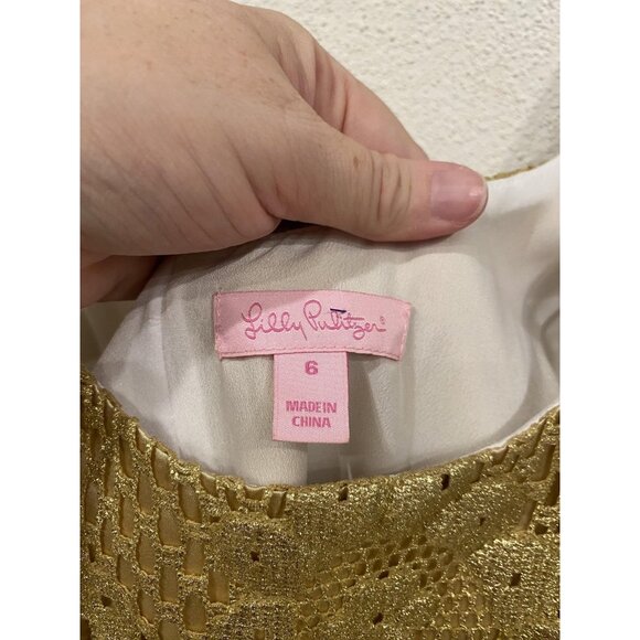 Lilly Pulitzer Eaton Dress Womens 6 Gold Metallic Lace Sleeveless Shift Party - Picture 3 of 6